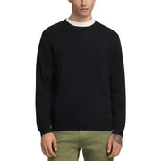 Black crew neck sweater with white collar and cuffs, likely made of cotton or a similar soft fabric.