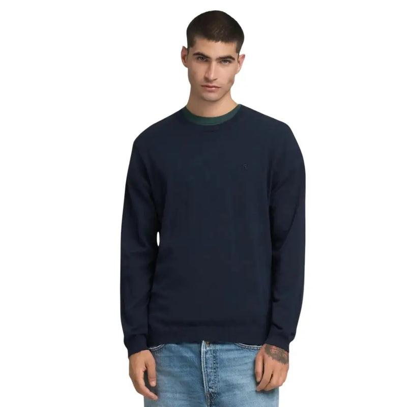 Navy blue crewneck sweater with dark green ribbed collar featuring grey long sleeve round neck knitwear for men