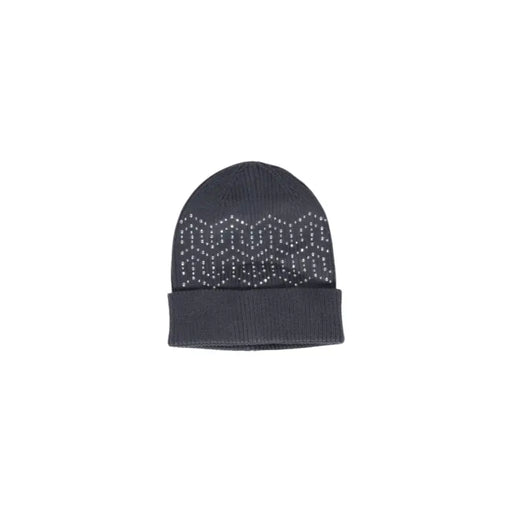 Dark gray knitted beanie with silver rhinestone geometric pattern front detail for women winter slip on cap