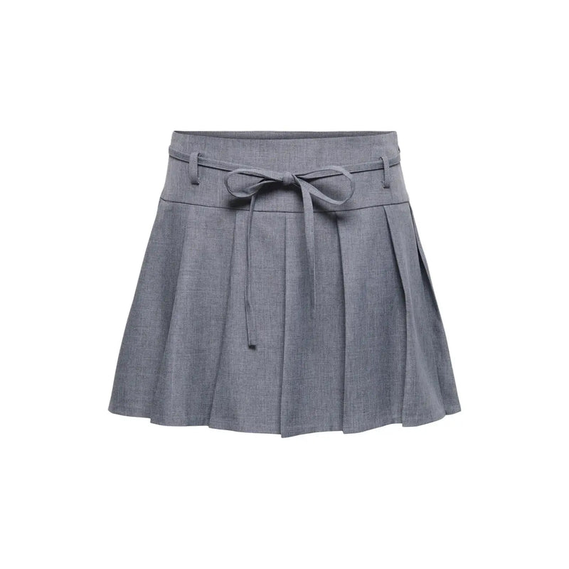 Grey polyester elastane women’s pleated skirt with matching tie belt for spring and summer wear