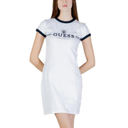 White guess california ringer dress with navy blue trim on neckline and sleeves made of cotton short sleeve fabric