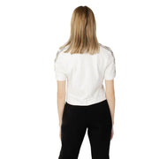 Guess active women beige cotton round neck t-shirt with white short sleeves and black embroidered shoulder detailing