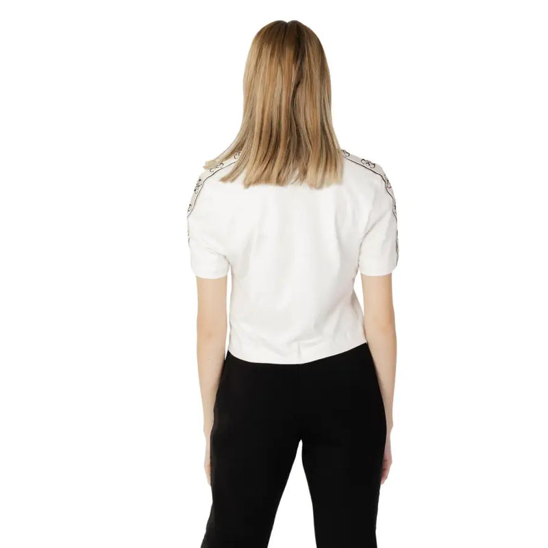 Guess active women beige cotton round neck t-shirt with white short sleeves and black embroidered shoulder detailing