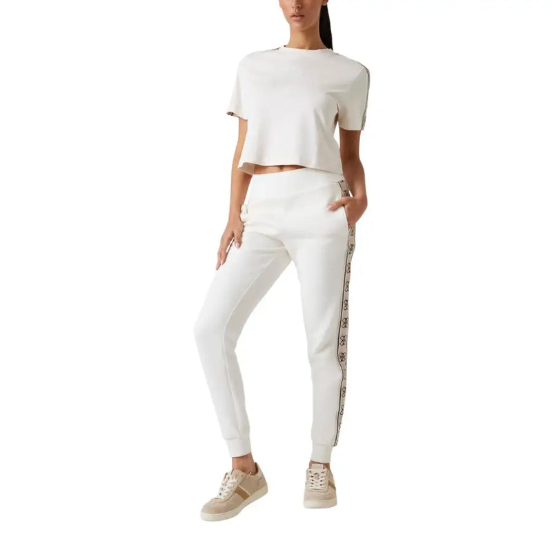 Guess Active women beige cotton round neck t-shirt with white cropped short sleeves and subtle logo stripe on side seam