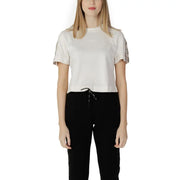 Guess Active Women beige cotton round neck t-shirt with white cropped short sleeves and subtle patterned shoulders and cuffs