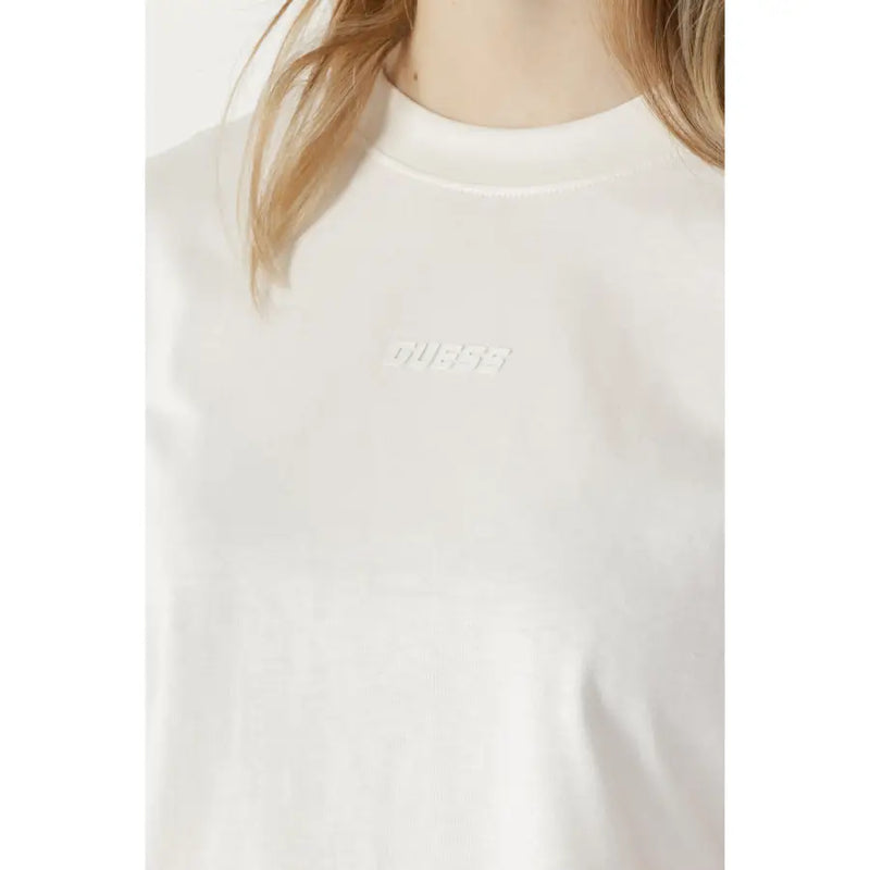 White Guess active women cotton round neck t-shirt with subtle embroidered logo on the chest in beige tone