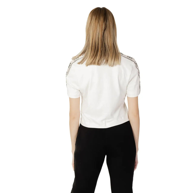 Guess active women beige cotton round neck t-shirt with white short sleeves and black embroidered shoulder detailing