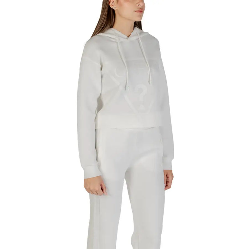 Beige Guess Active women hooded round neck sweatshirt with a subtle faded question mark graphic on the front