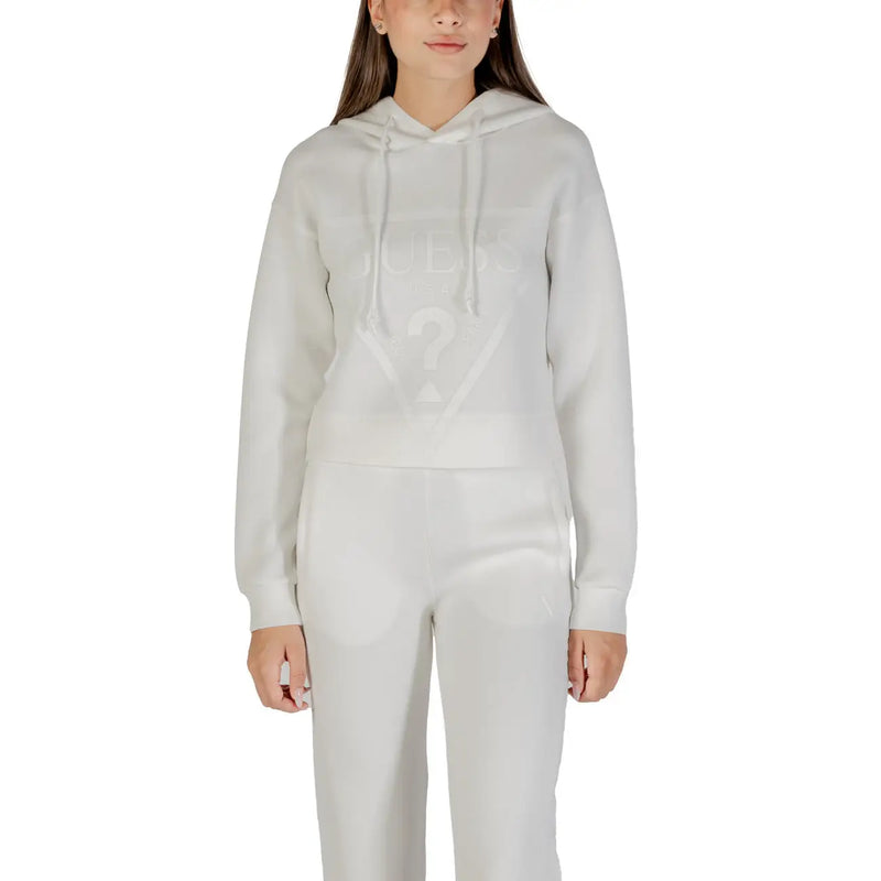 White guess active women beige hooded round neck sweatshirt with subtle logo paired with matching sweatpants