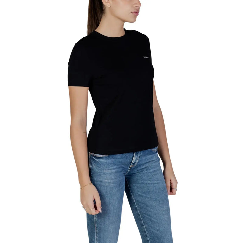 Guess Active women black cotton round neck short t shirt with subtle embroidered logo on left chest