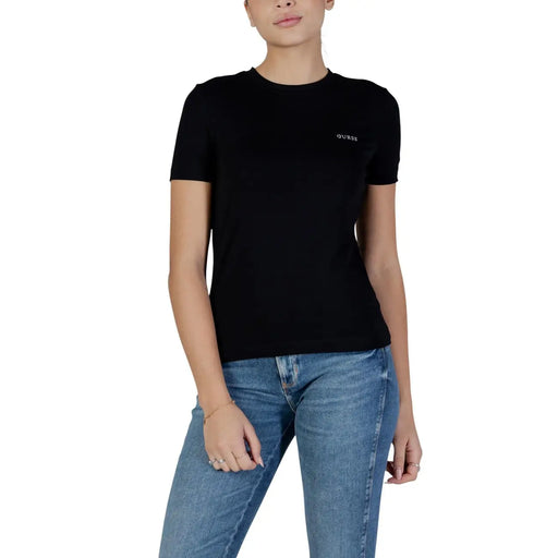 Schwarz Guess active Kurzarm-T-Shirt aus Baumwolle für Damen mit Rundhalsausschnitt und dezentem, gesticktem Logo auf der linken Brustseite.