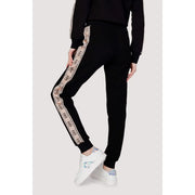 Guess active women black cotton joggers with beige geometric patterned stripe and matching ribbed cuffs fall winter
