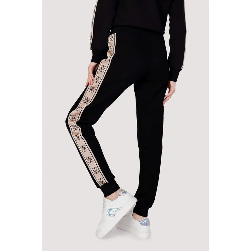 Guess active women black cotton joggers with beige geometric patterned stripe and matching ribbed cuffs fall winter