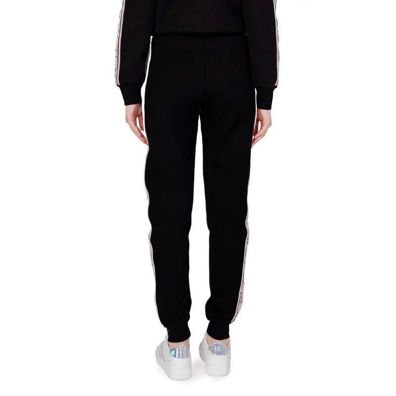 Guess active women black cotton joggers with white side stripes and subtle pattern for fall winter wear
