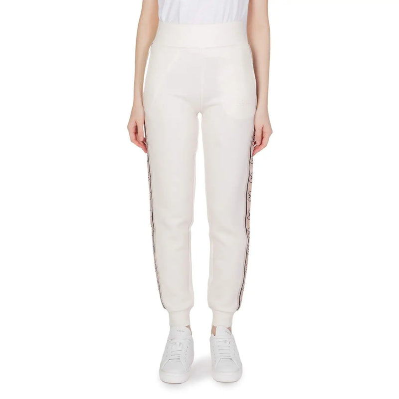 Cream-colored guess active high-waisted cotton joggers with black and white patterned side stripes for fall winter