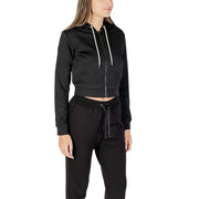 Guess active women black cropped zip-up hoodie with white drawstrings and matching sweatpants for fall winter wear