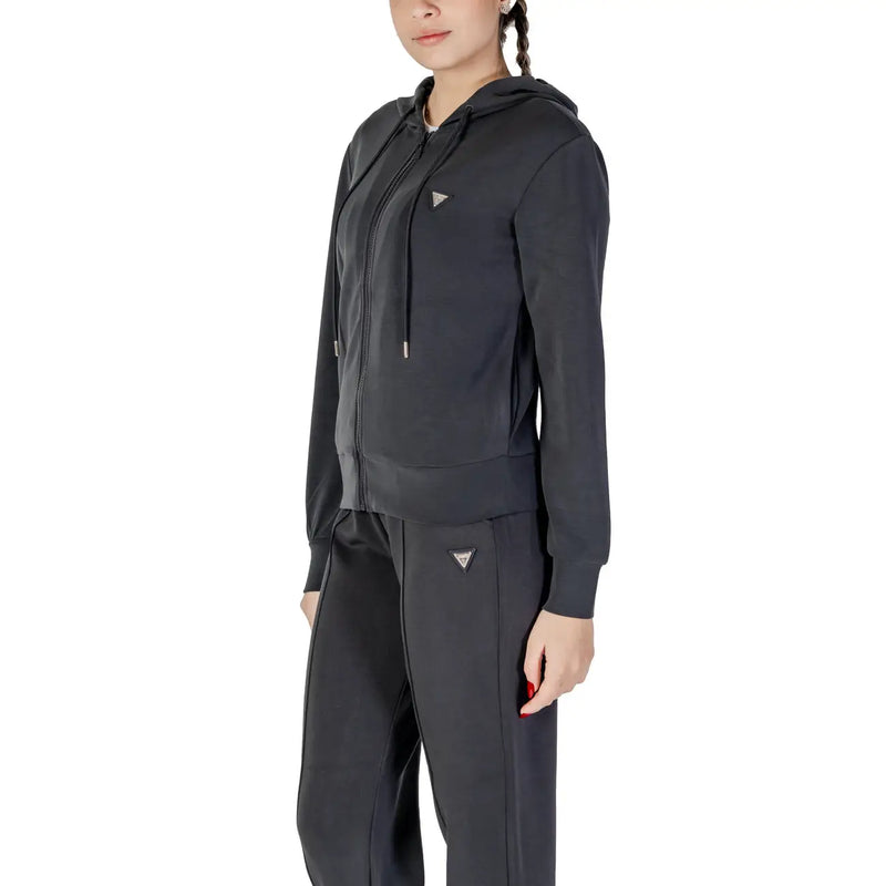 Guess active women black long hooded zip sweatshirt and pants set with subtle triangular logo on the chest