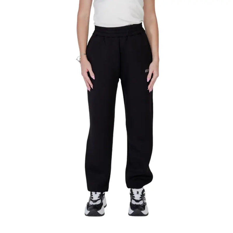 Guess active women black printed fleece joggers with laces featuring a subtle logo on the thigh