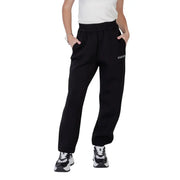 Black guess active women printed trousers with soft fleece material and subtle white logo on the left thigh