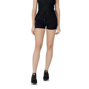 Guess active women black athletic shorts with drawstring waistband cotton polyester blend and subtle side stripes