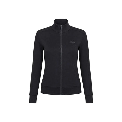 Black Guess active women zip-up track jacket with high collar modal blend fabric and subtle chest logo