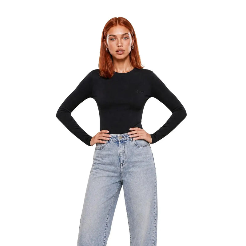 Guess Active women black viscose chara long sleeve t shirt with fitted design and subtle embroidered logo on chest