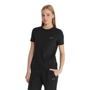 Black Guess active women cotton tracey t shirt with subtle white logo embroidery paired with matching pants