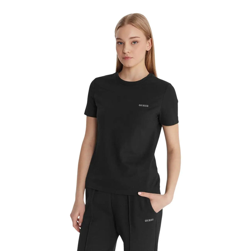 Black Guess active women cotton tracey t shirt with subtle white logo embroidery paired with matching pants