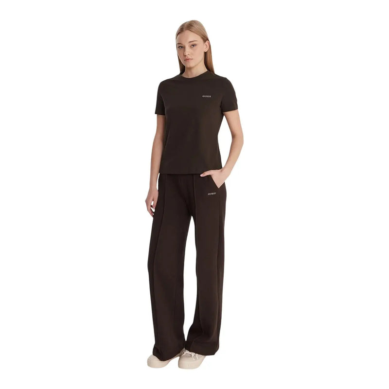 Black Guess Active women’s cotton short sleeve t-shirt with subtle chest logo paired with matching wide-leg pants