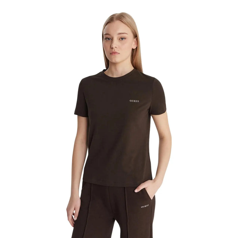 A sleek dark brown Guess active women cotton short sleeve t shirt with subtle embroidered logo and matching pants
