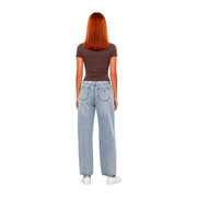 Light-wash denim jeans with straight-leg cut and classic back pockets shown from the back side