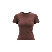 A brown Guess Active Women viscose short classic t shirt with short sleeves and subtle embroidered logo on the chest