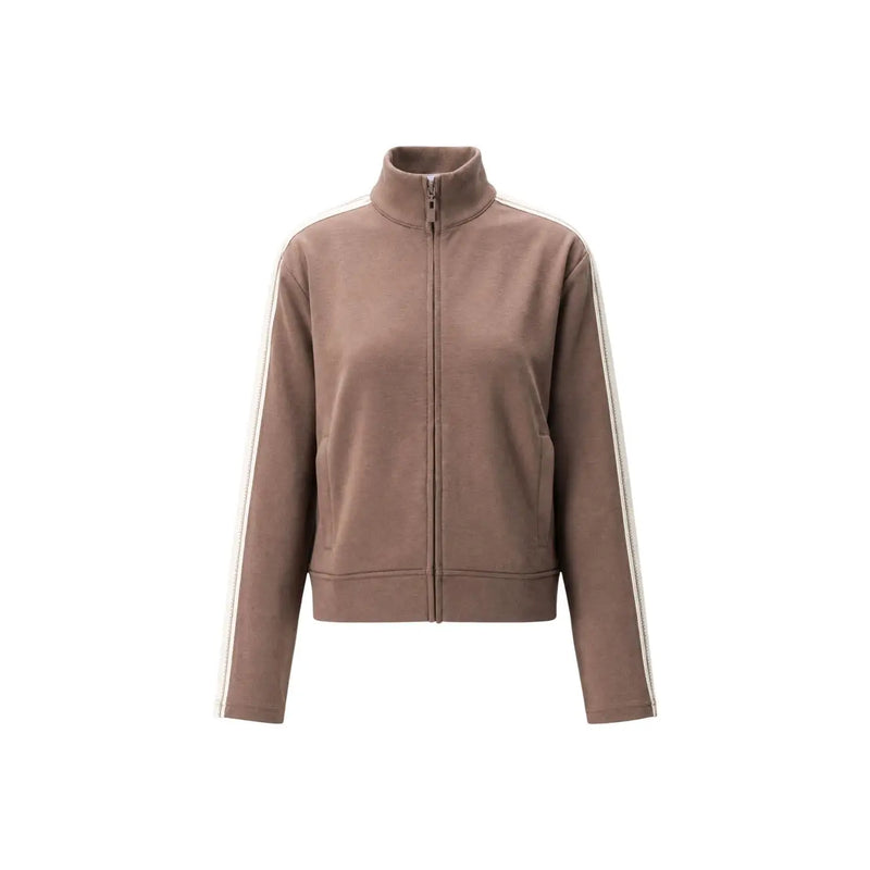 Guess Active women brown zip sweatshirt polyester blend taupe zip-up track jacket with white side stripes and high collar