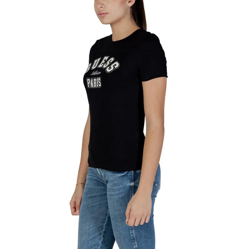 Schwarz Guess Active Damen-Baumwoll-T-Shirt mit Rundhalsausschnitt und weißer Stickerei Guess Paris-Logo auf der Brust