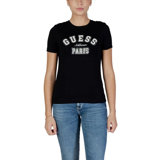 Schwarz Guess Active Damen-Baumwoll-T-Shirt mit Rundhalsausschnitt und weißem Muster Guess und der Schriftzug „Paris“ auf der Brust
