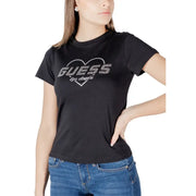 Black guess active women round neck tee featuring a heart-shaped rhinestone logo with guess los angeles text