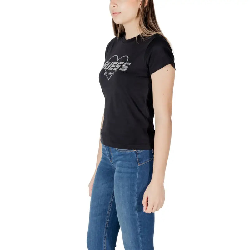 Black Guess active women round neck rhinestone tee with white heart-shaped logo and sparkling Guess Los Angeles text