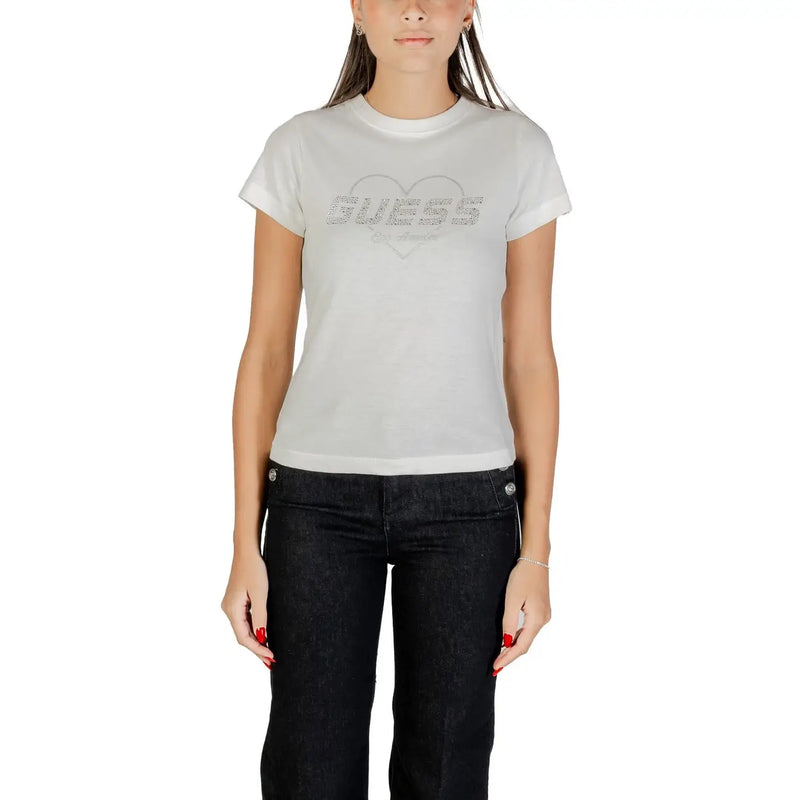Woman wearing Guess Active white short-sleeved T-shirt with GUESS logo inside heart design