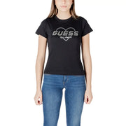 Black Guess Active Women round neck t-shirt with heart-shaped silver glitter rhinestone logo for casual wear