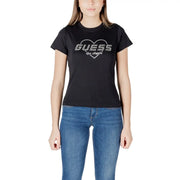 Black Guess Active Women round neck t-shirt with heart-shaped silver glitter rhinestone logo for casual wear