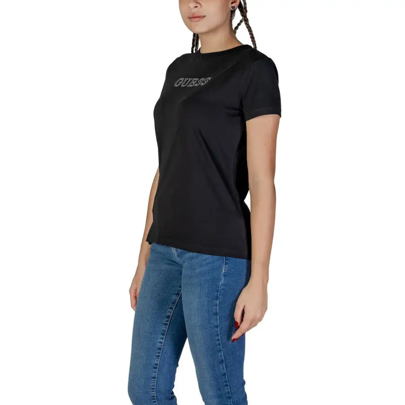 Black Guess Active women spring summer rhinestone round neck t shirt with sparkling logo across the chest