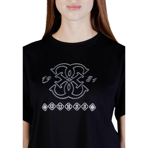 Schwarz Guess Active Damen-T-Shirt aus Viskose mit weißem, gesticktem 1981-Logo in rautenförmigen Konturen