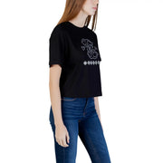 Black Guess Active women viscose cropped t shirt with white embroidered logo and geometric pattern across chest