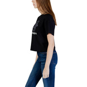 Black cropped viscose t-shirt with white graphic print on chest from Guess Active Women collection round neck design