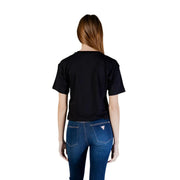 Black short-sleeved crop top with simple crew neck made of viscose from Guess Active women collection