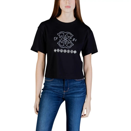 Schwarz kurz Guess Active Damen-T-Shirt aus Viskose mit Rundhalsausschnitt, weißem, gesticktem 1984-Logo und geometrischen Mustern