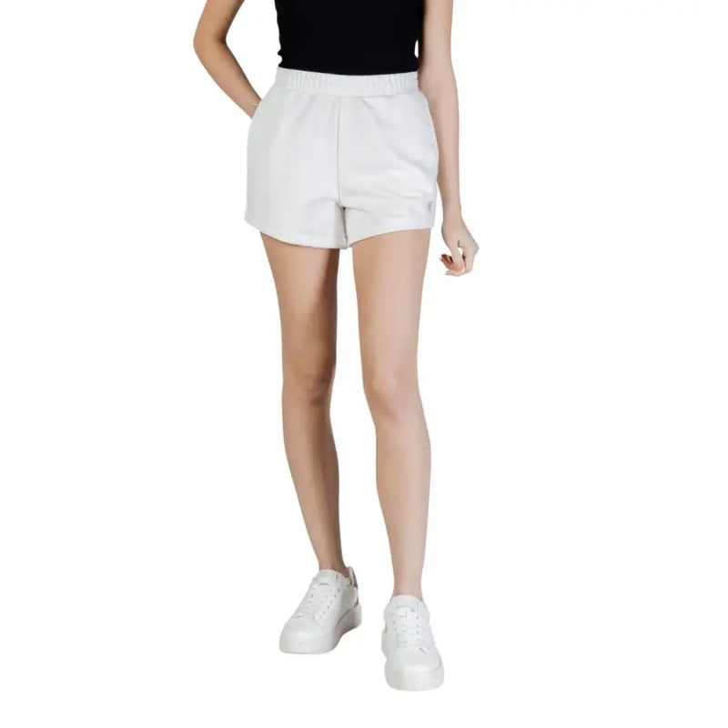 Guess active women white cotton polyester shorts with a high-waisted elastic waistband and relaxed fit front view
