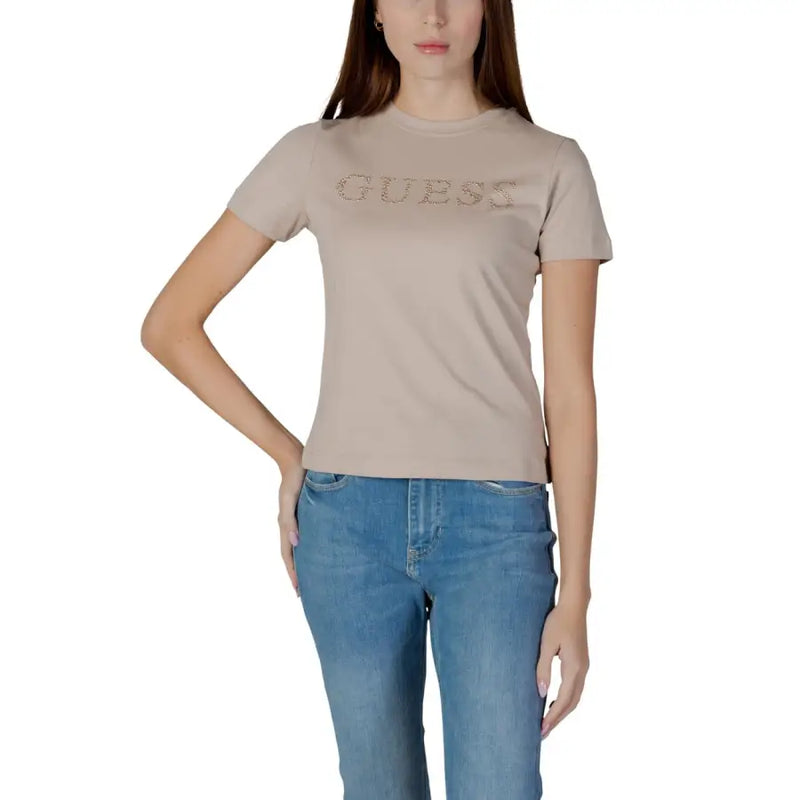Beige Guess T-shirt with sparkling logo on white cotton round neck short sleeve