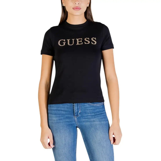 Schwarz Guess t-shirt mit funkelnder silberner Brustschrift