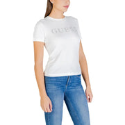 Guess active women white cotton t-shirt with round neck short sleeves and sparkling silver logo across the chest